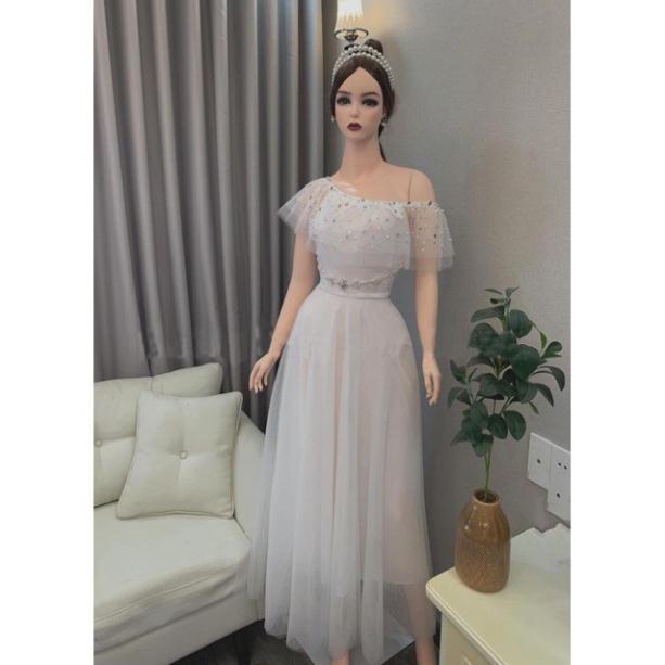 Đầm Maxi xoè lưới bẹt vai kết cườm treo -MS33Y- Size M L đến 58kg MMR