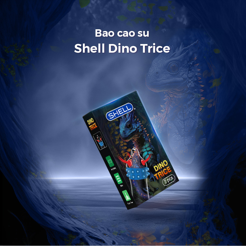 Bao cao su Shell Dino Trice - 1 bao gai, 2 vòng bi + 1 bao Shell Performax (Hộp 2 cái) | SHELL CHÍNH HÃNG
