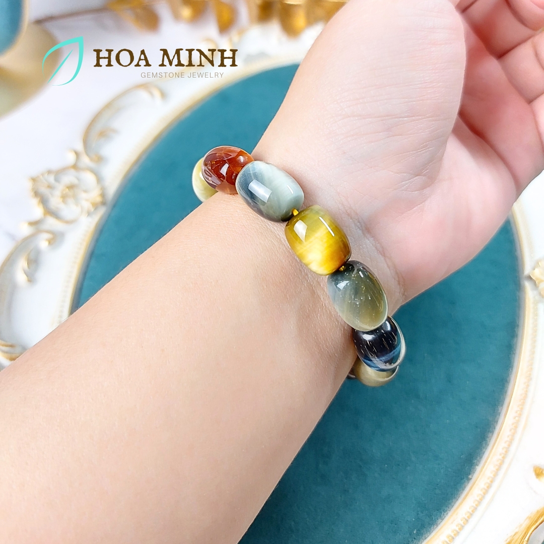 Vòng tay đá Mắt Hổ tam tài VIP thiên nhiên kiểu lu thống size 12x16mm phong thủy tài lộc