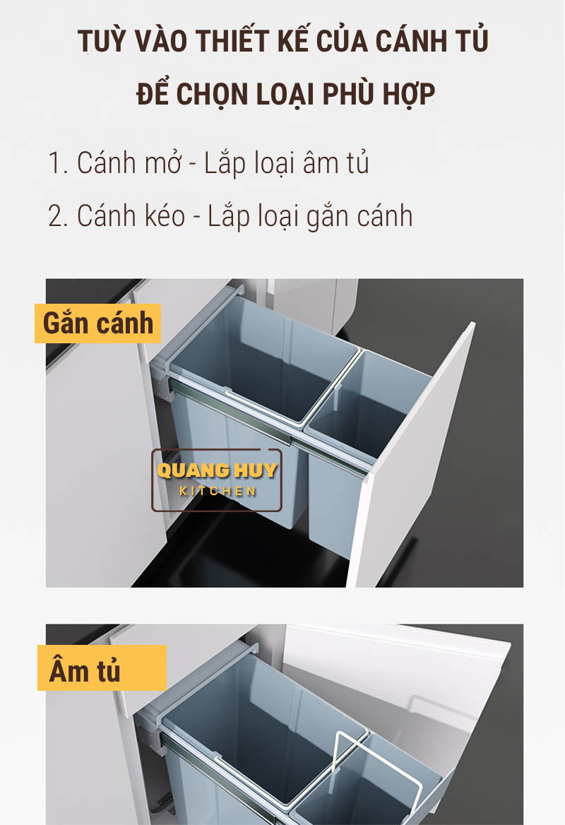 Thùng rác đôi âm tủ bếp hoặc gắn cánh tủ bếp thương hiệu Grob lắp đặt dễ dàng