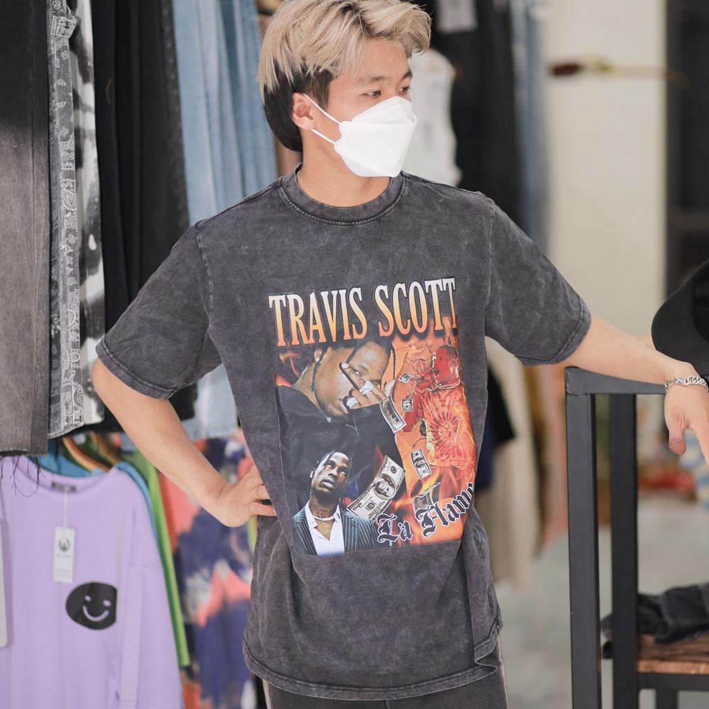 Áo thun nam nữ TRAVISSCOTT loang đen tay lỡ chất liệu cotton 100% cao cấp dáng unisex