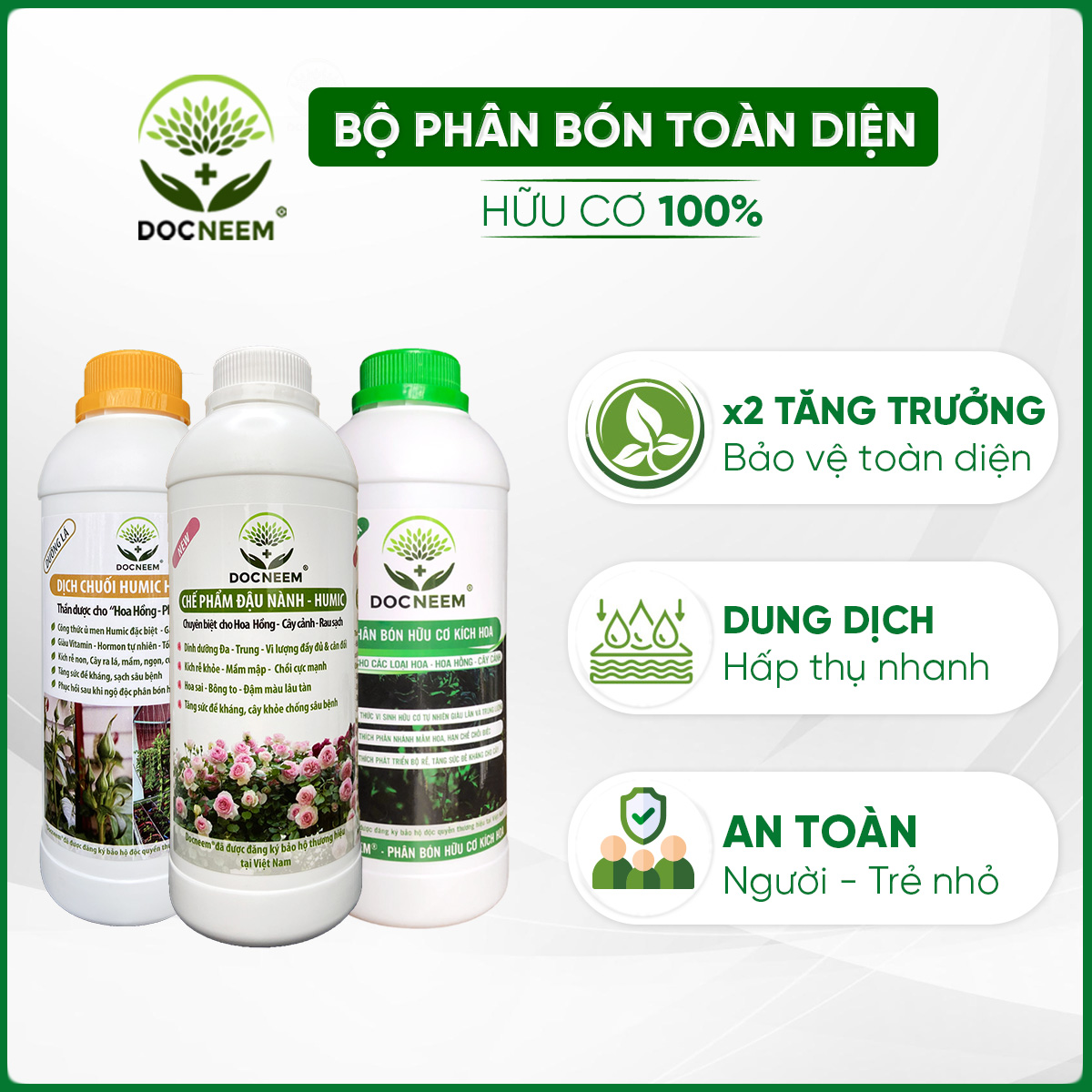 Combo Phân bón toàn diện Đậu tương Humic, Dịch chuối, Kích Hoa (3 lít), thương hiệu Docneem, cung cấp dinh dưỡng chuyên biệt cho từng giai đoạn phát triển của cây kiểng, hoa hồng, hoa lan, nguồn gốc hữu cơ, an toàn dễ sử dụng