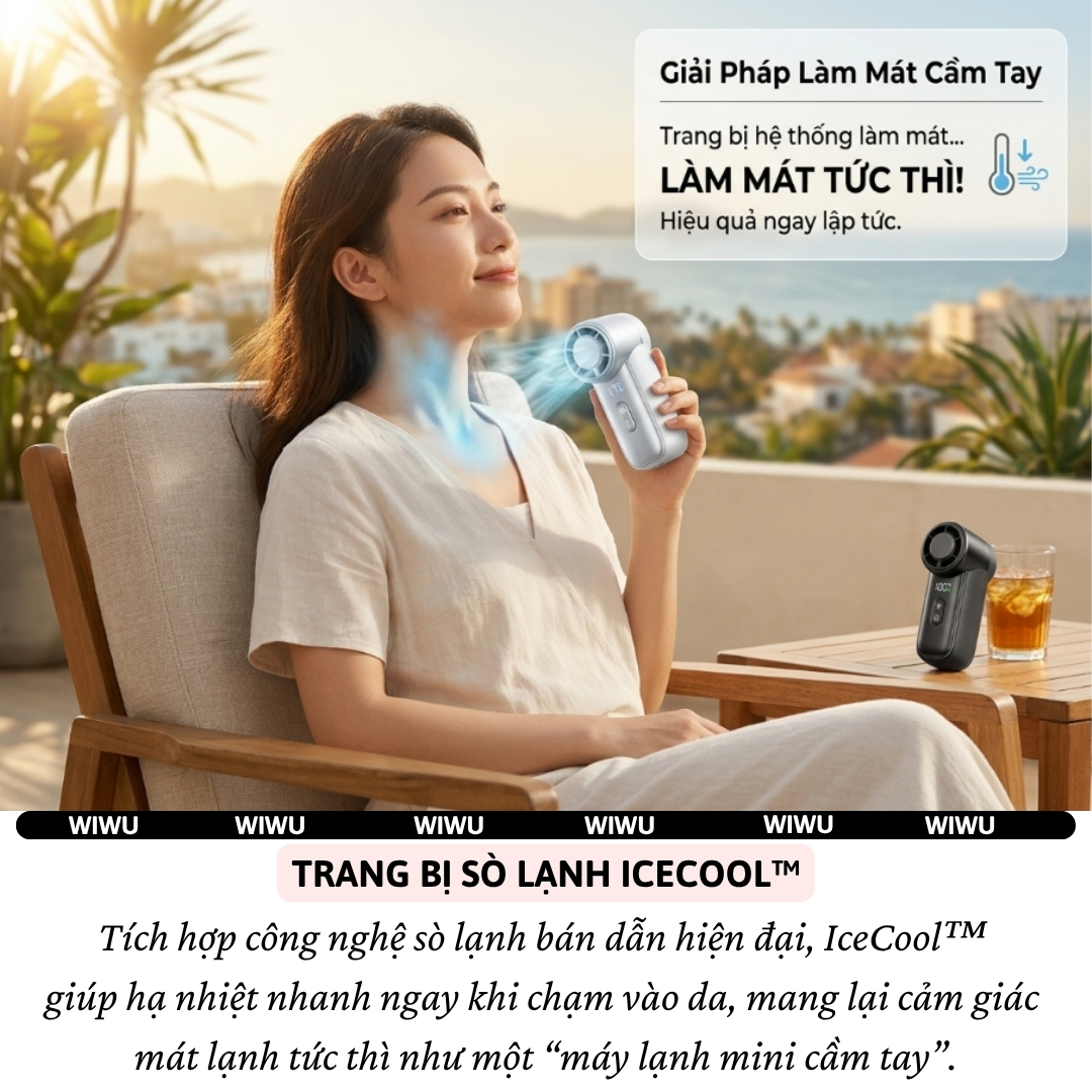 Quạt Cầm Tay Sò Lạnh TurboForce siêu tốc 5 Cấp Độ Gió, Peltier Làm Mát, Pin 3000mAh, Màn Hình LED WIWU FS-018 Pin sạc - Làm mát tức thì – Gió siêu mạnh – Nhỏ gọn tiện mang theo - Hàng nhập khẩu