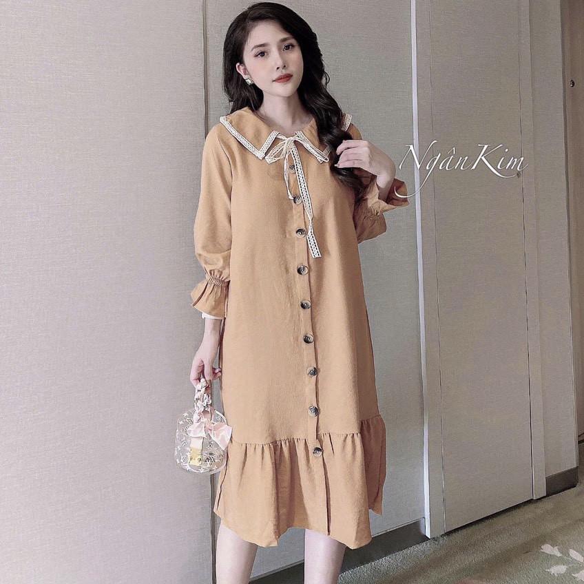 Váy bầu dài tay sơ mi dáng suông Thu đông thiết kế thời trang cao cấp v226