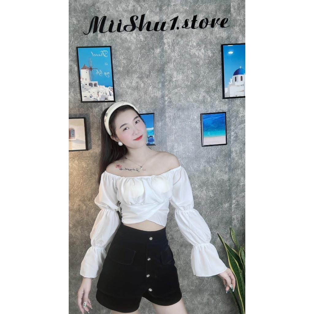 Áo Croptop Cổ Vuông Nhún Tay Nơ Lưng