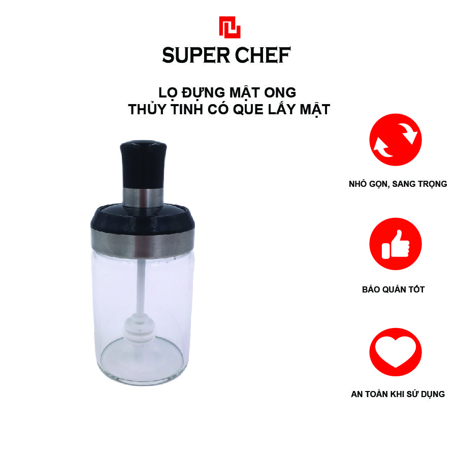 Lọ Đựng Mật Ong Thủy Tinh Có Que Lấy Mật Super Chef Tiện Lợi, An Toàn cho Sức Khỏe