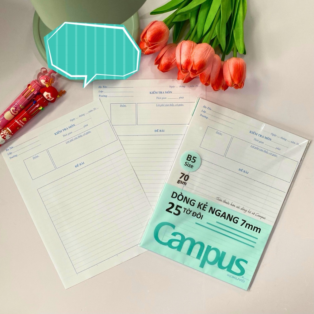 Giấy kiểm tra Campus không chấm TP-PRS70G-25 - Dòng kẻ ngang - 25 tờ đôi, Giấy định lượng 70gsm