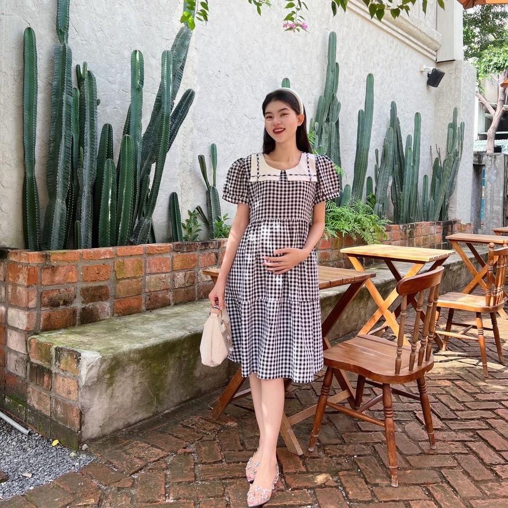 Đầm bầu karo cổ thuỷ thủ phom babydol trẻ trung, đáng yêu Nữ Women Cotton Thun - Xanh biển