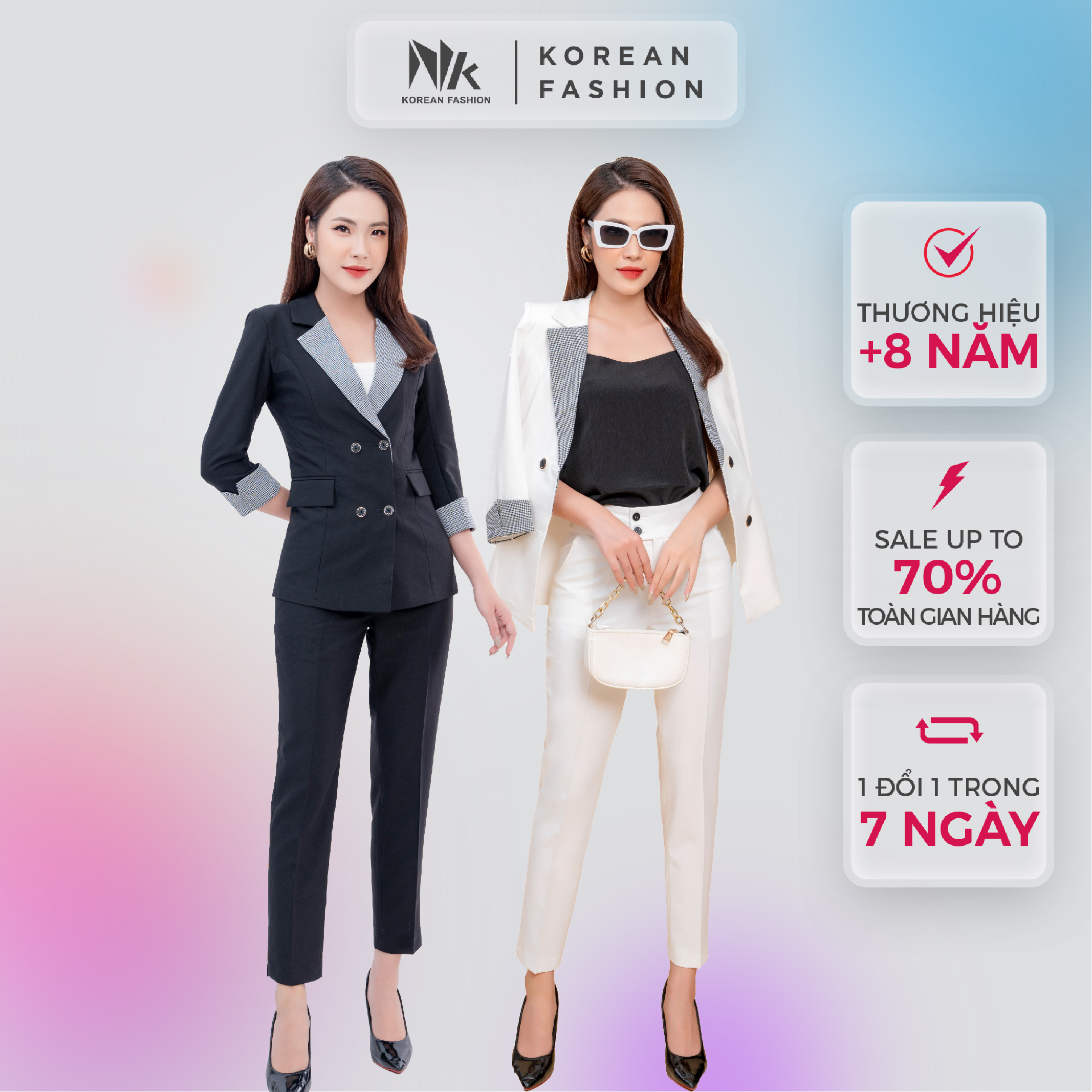 Bộ Vest Nữ Công Sở NK Fashion Thiết Kế Tay Lỡ Phối Kẻ, Hai Hàng Khuy Sang Trọng, Quần Ôm Dáng, Chất Vải Nhập Hàn NKFBD2108005