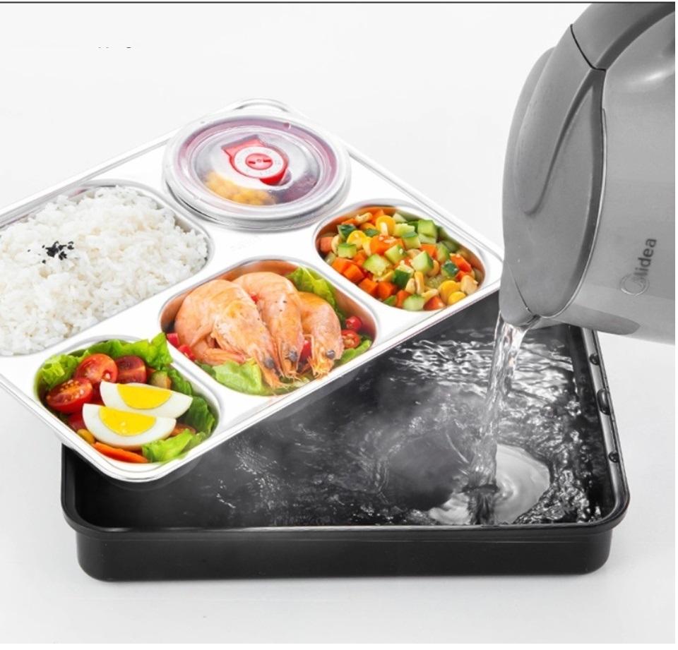 Khay Cơm 5 Ngăn Inox 304 Giữ Nhiệt ,Nắp Đậy Có Khe Đựng Điện Thoại, Tặng Kèm Thìa Và Đũa Inox - Màu Đen - Vận Chuyển Miễn Phí Toàn Quốc
