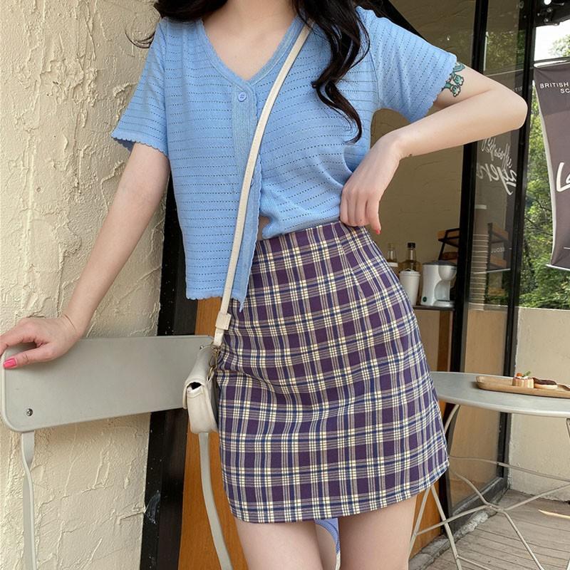 Korean High Waist Plaid Straight Skirt High Waist Was Thin Plaid Skirt