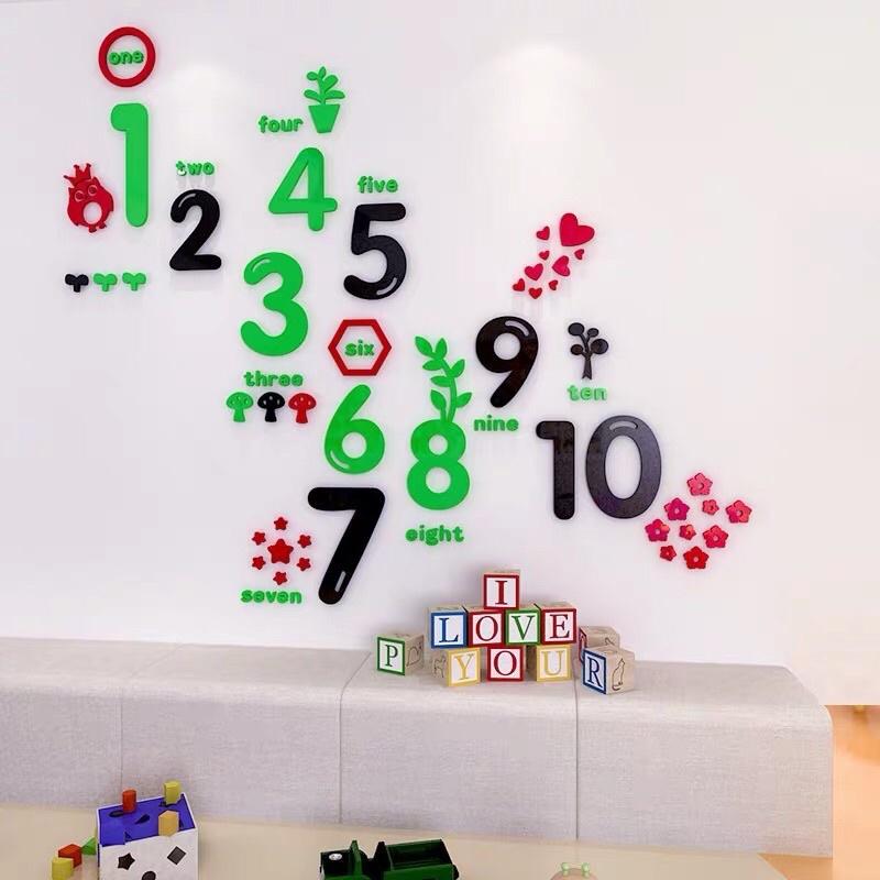 Decal dán tường mica 3D bảng số sắc màu cho bé học số, học tiếng anh, trang trí lớp học tiếng anh