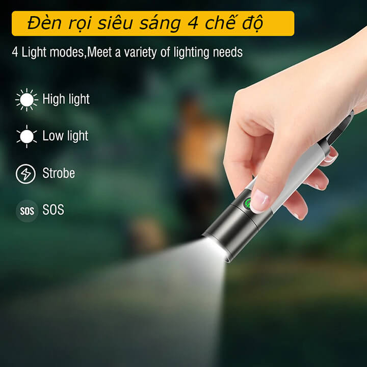 Đèn pin mini siêu sáng cầm tay 8 chế độ Zoom xa gần, chống nước có móc treo tiện lợi, Đèn led cắm trại dã ngoại-H20