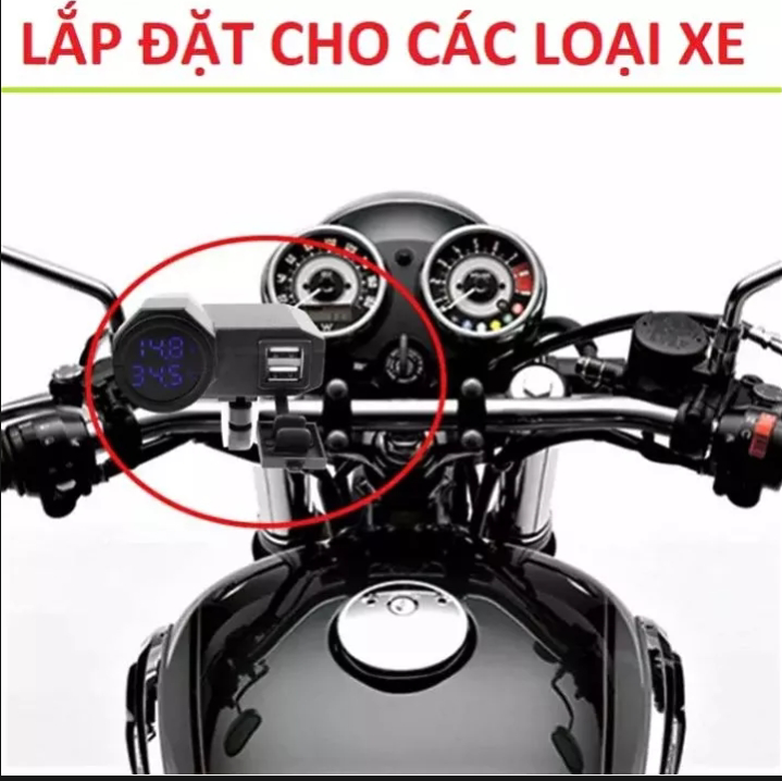 Bộ sạc điện thoại kèm báo von báo nhiệt độ 3in1 gắn xe máy rất tiện dụng