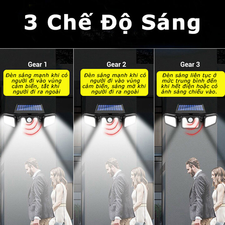 Đèn năng lượng mặt trời 3 cánh cảm biến chuyển động, cảm biến ánh sáng, chống nước IP65, pin 2400mAh