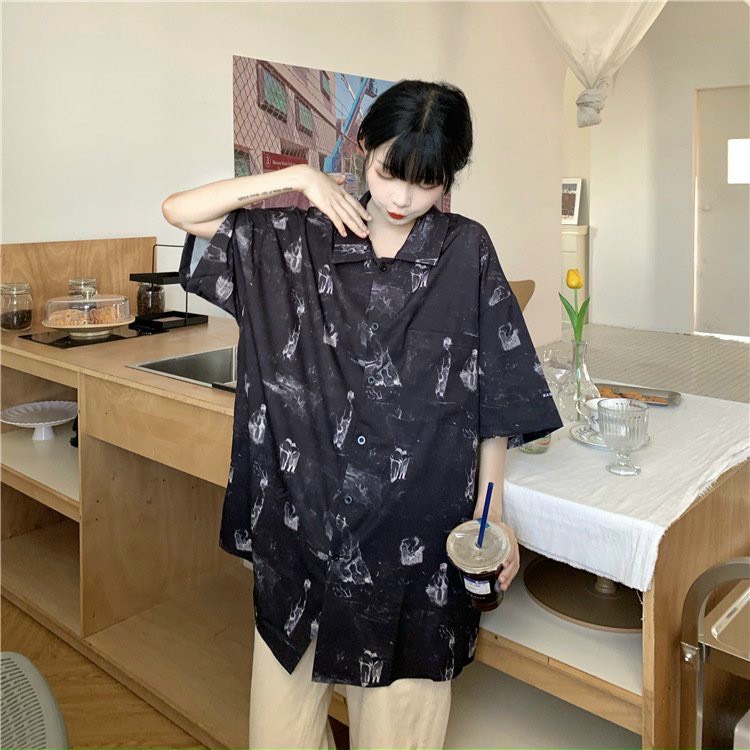 Áo sơ mi nữ ngắn tay form rộng họa tiết độc đáo mới lạ phong cách hotfrend chất voan lụa mềm mịn