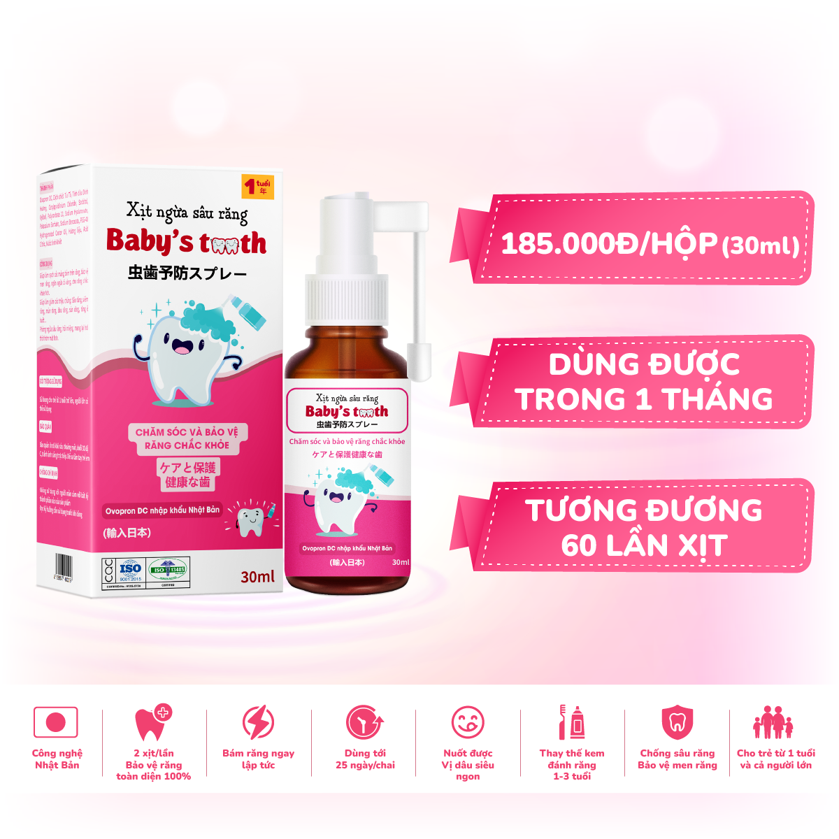 Xịt sâu răng trẻ em Baby's Tooth chống ngừa ngăn hôi miệng, sâu răng, ố vàng, hà mủn, sáng răng