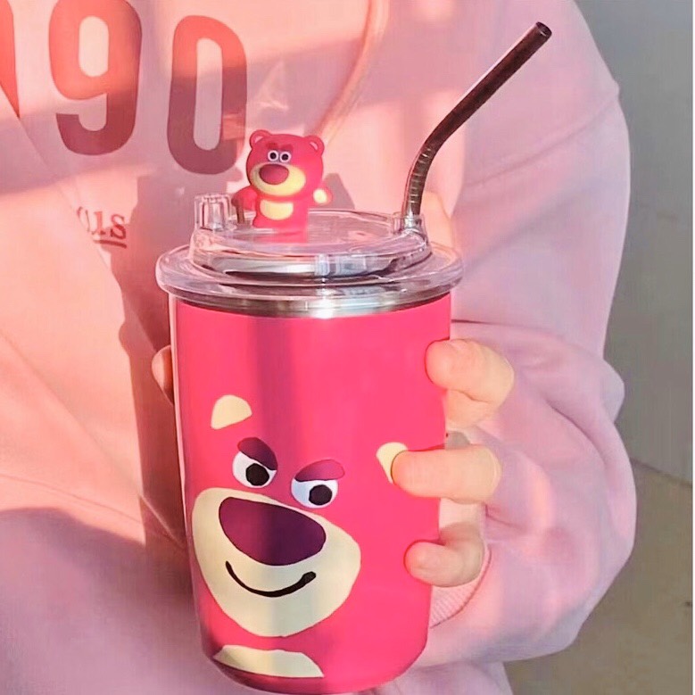 LY CỐC GIỮ NHIỆT GẤU DÂU LOSTO - BÌNH GIỮ NHIỆT SIÊU XINH LÕI INOX 304 CHỐNG GỈ 450ML