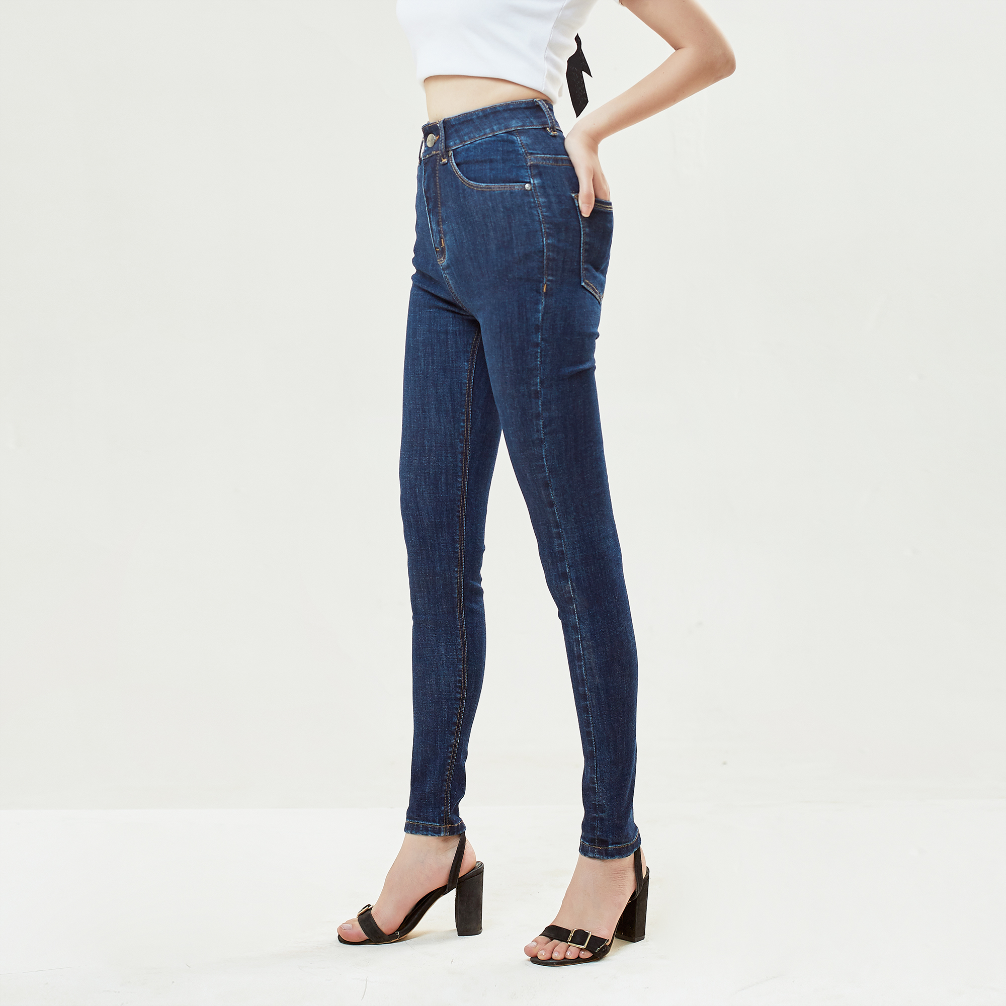 Quần Bò Nữ Cạp Cao Ôm Dáng Skinny Xanh Đậm Aaa Jeans