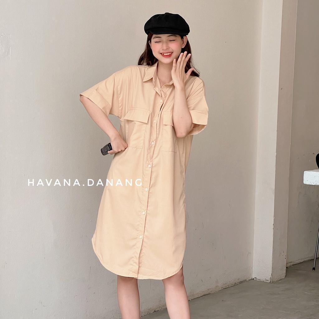 Đầm sơ mi tay cộc, sơ mi hai túi freesize form rộng