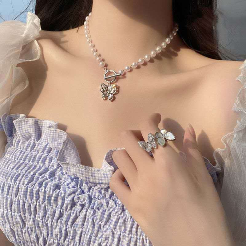 Vòng cổ dây chuyền ngọc trai zircon cánh bướm đính đá