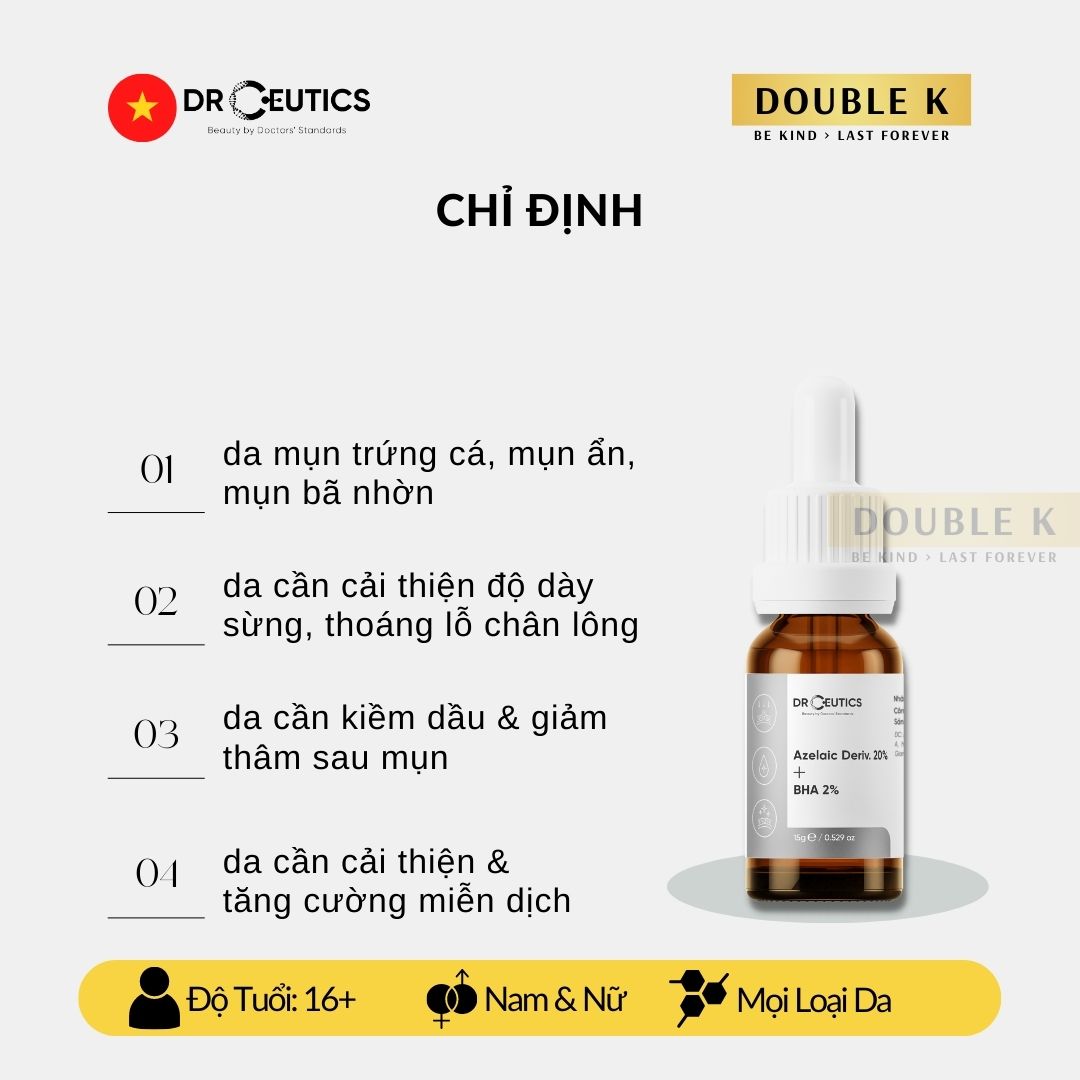 Serum Mụn DrCeutics Azelaic Deriv 20% + BHA 2% - Giảm Mụn, Mờ Thâm Sau Mụn; Ngừa Mụn Tái Phát - Double K