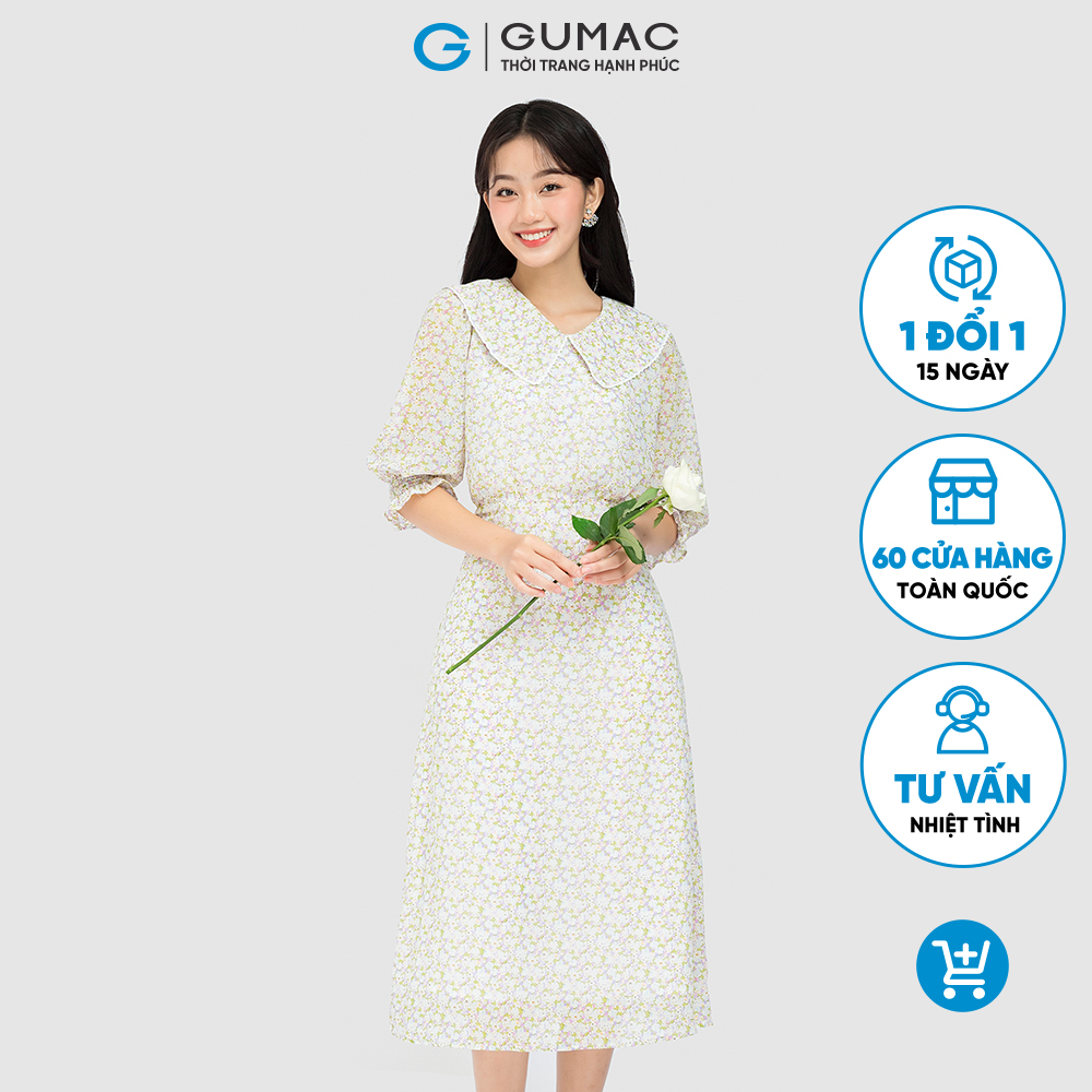 Đầm maxi bâu GUMAC DC08072 viền ren họa tiết hai lớp màu xanh