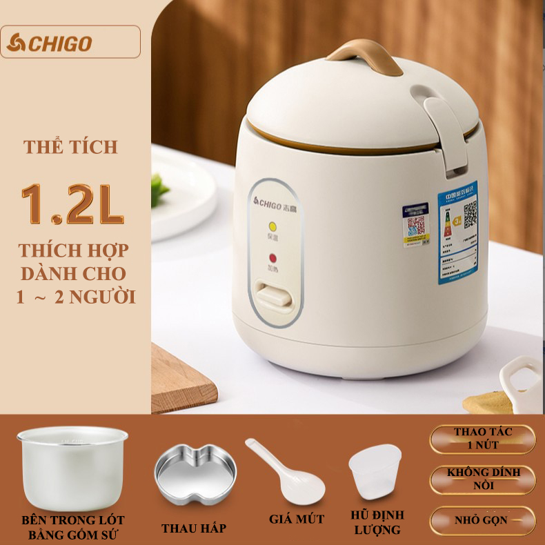 Nồi Cơm Điện Mini Đa Năng Chống Dính Chigo, Nấu, Hầm, Thể Tích 1.2Lít 