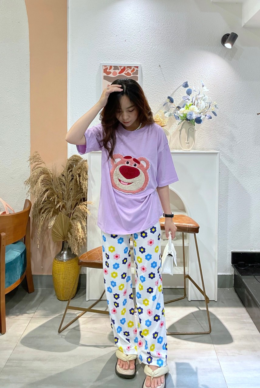 Set bộ áo hoạ tiết phối quần dài suông