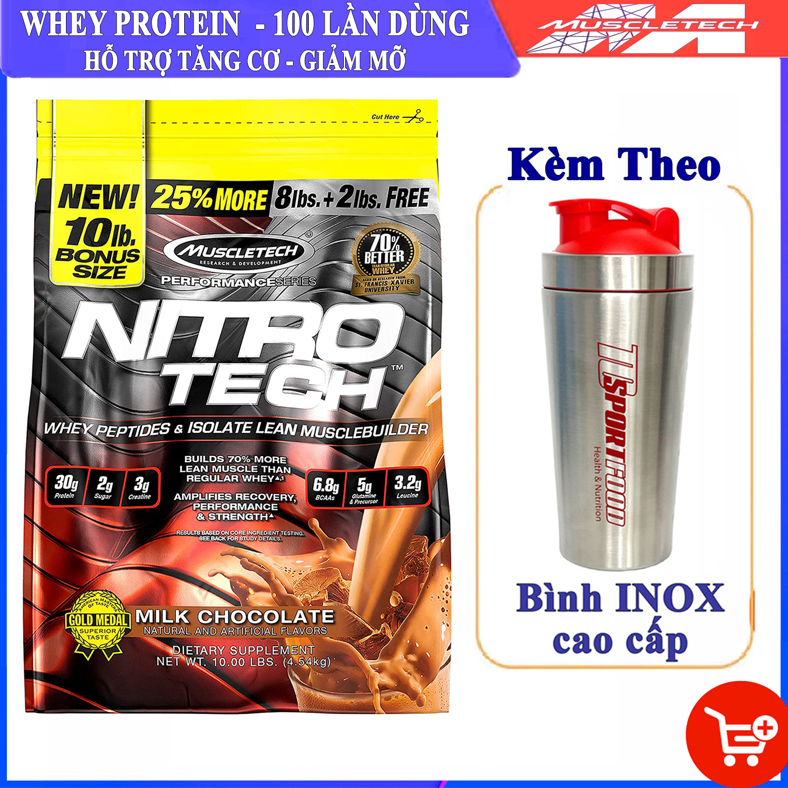 Combo Sữa tăng cơ giảm mỡ cao cấp Nitrotech của Muscletech hương Chocolate bịch lớn 10lbs 100 lần dùng hỗ trợ tăng cơ, giảm cân, đốt mỡ, phục hồi cơ bắp & Bình INOX 739ml (Mẫu ngẫu nhiên)