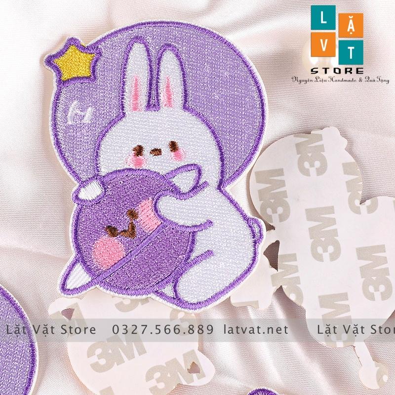 Bộ patch ủi quần áo THỎ TÍM TÁI 5 hình cực kì dễ thương, dán Vali, tủ lạnh, Sticker miếng dán quần áo