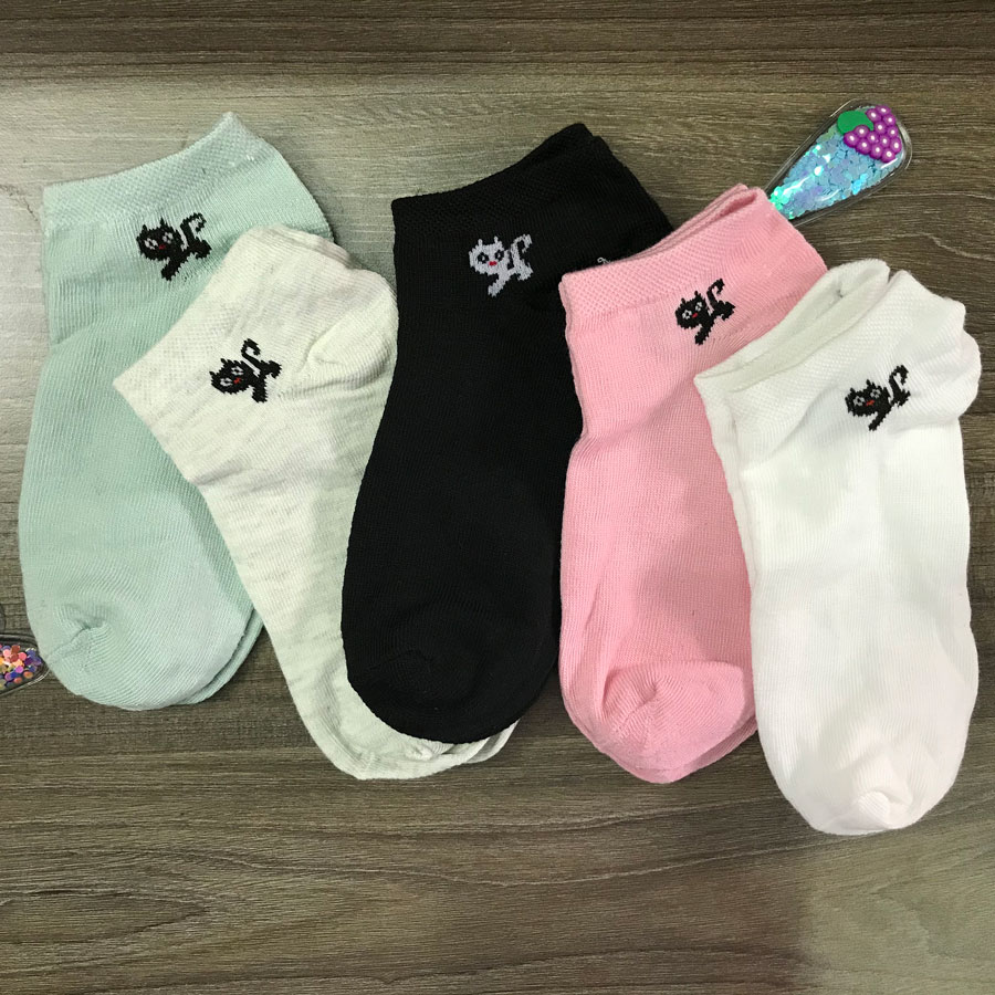 Tất cổ ngắn Hàn Quốc, combo 5 đôi cổ thêu hình mèo - CB027