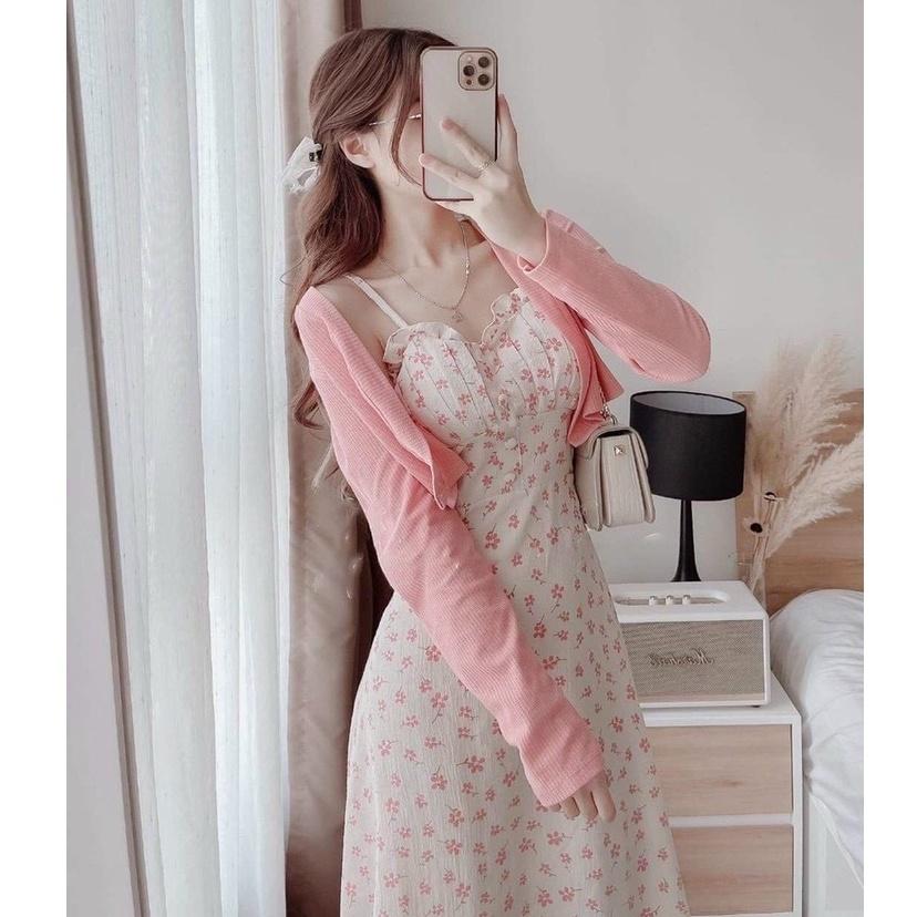 Set Váy Hoa 2 Dây Kèm Áo Khoác Cardigan Len Xốp Hot Hit