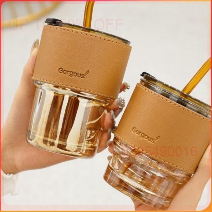 Cốc thủy tinh hổ phách GorGous bọc da 450ml sang chảnh chống bỏng có nắp kín cao cấp thời trang Qimato