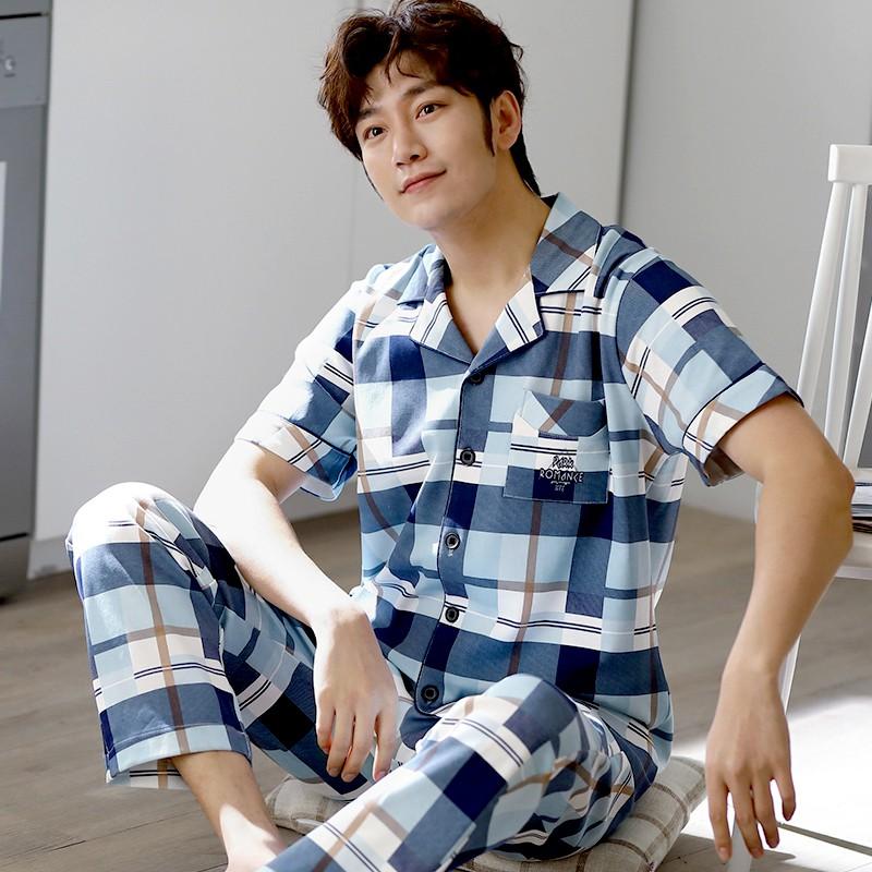 Đồ bộ Pijama cộc tay họa tiết sọc Caro style Hàn Quốc-Đồ bộ nam vải COTTON 100% dày dặn &amp; thông thoáng (613)