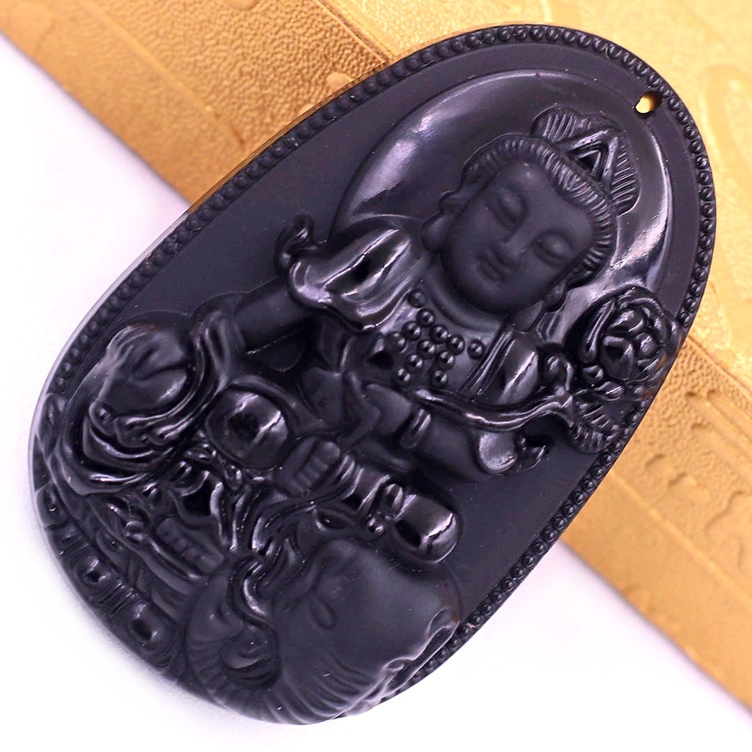 Mặt Phật Phổ hiền đá thạch anh đen 3.6 cm kèm móc và dây chuyền inox, Mặt Phật bản mện