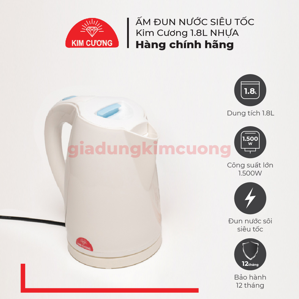 Ấm Đun Siêu Tốc Kim Cương 1.8 Lít Nhựa Cao Cấp - Hàng Chính Hãng