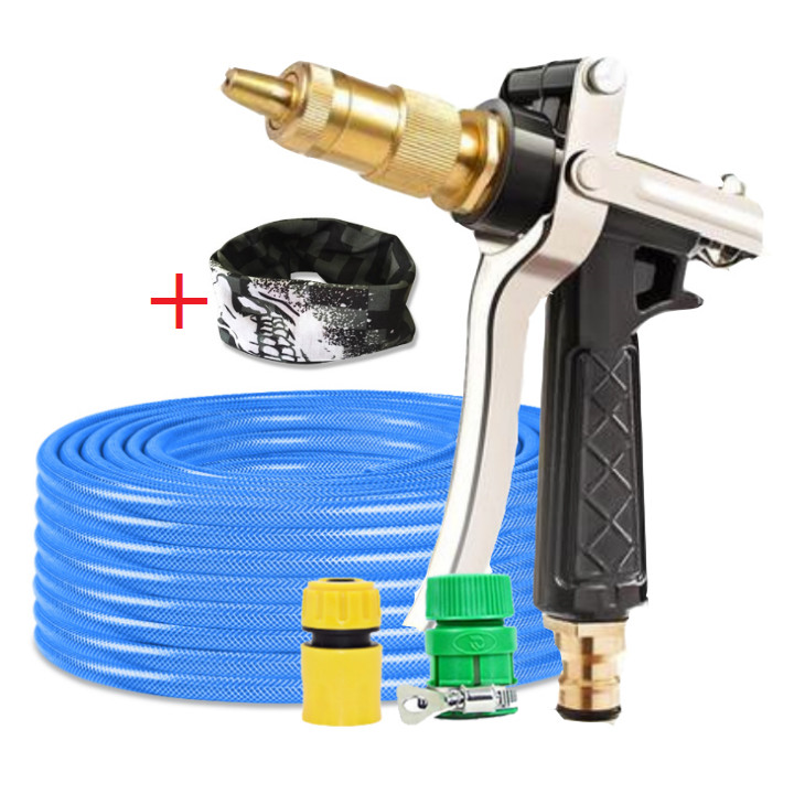Bộ dây vòi xịt nước rửa xe, tưới cây đa năng, tăng áp 3 lần, loại 7m, 10m 206236 đầu đồng,cút,nối vàng+ tặng khăn phượt