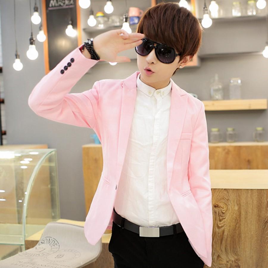 Áo vest nam màu hồng 1 khuy chất liệu vải dày mịn form ôm body