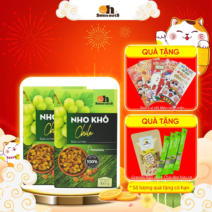 Combo 2 Hộp Nho Khô Không Hạt Smile Nuts 500g - Nho khô vàng nhập khẩu từ Chile, 100% không đường và chất bảo quản