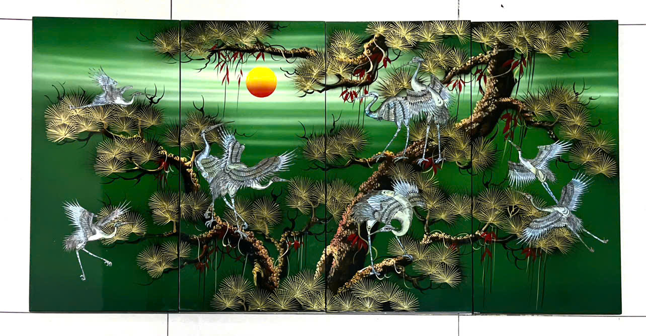 Bộ Tranh sơn mài 4 tấm- TÙNG HẠC DIÊN NIÊN - Khảm cừ size 60x120 cm / hàng cao cấp , xuất khẩu