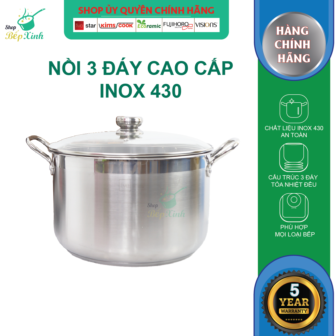Nồi Inox 3 Đáy Nắp Kính Fivestar N28-3DG - Hàng Chính Hãng