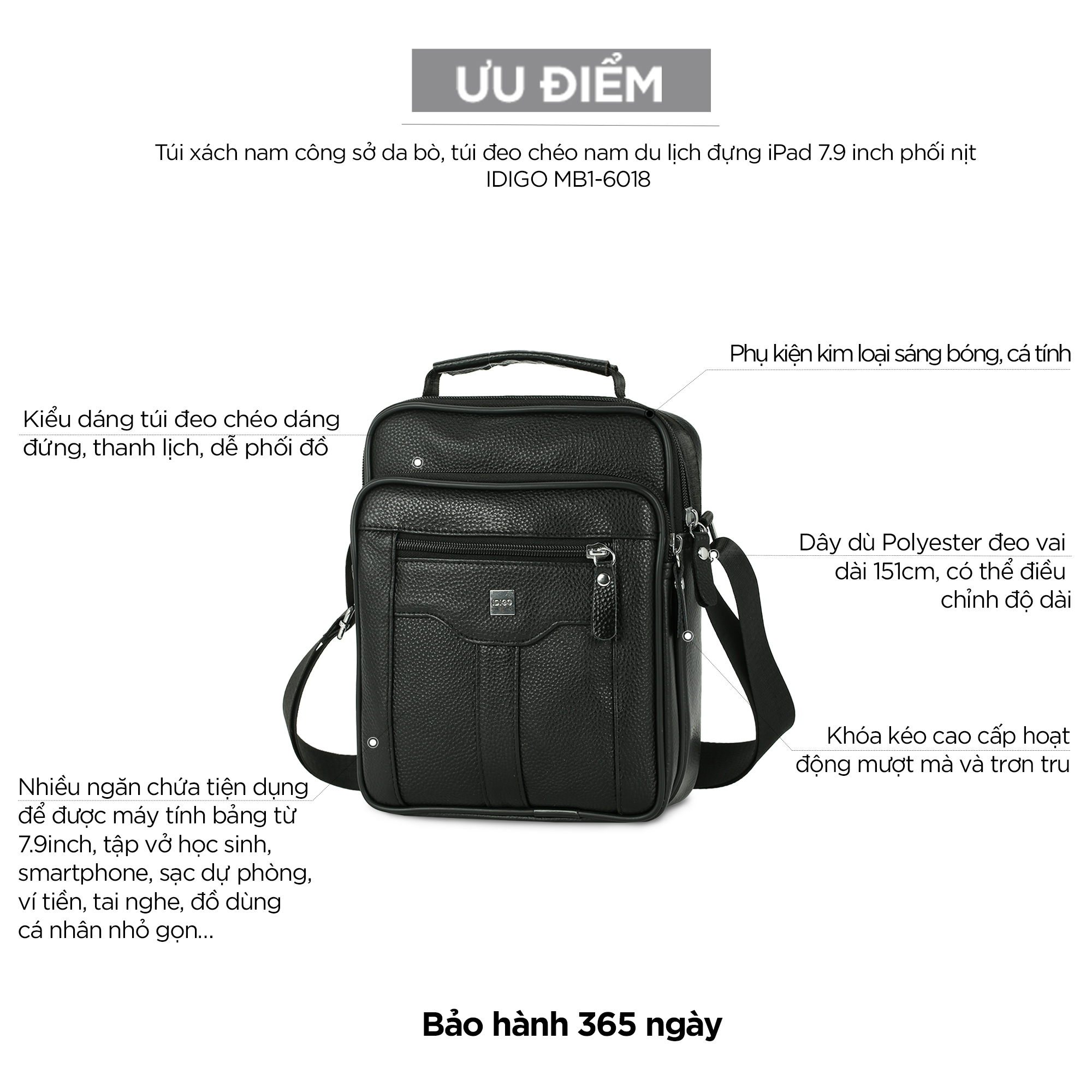 Túi xách nam công sở da thật, túi đeo chéo nam du lịch đựng máy tính bảng 7.9 inch phối nịt IDIGO MB1 - 6018