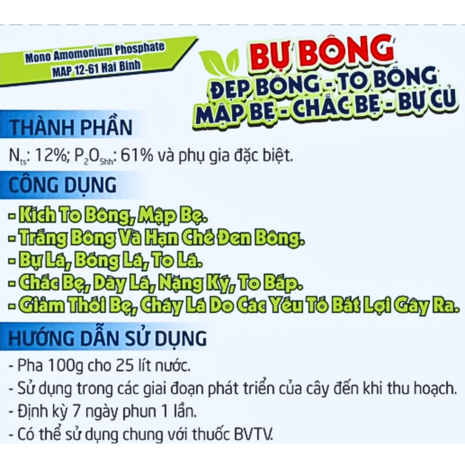 Phân bón Vigami Mono Amomonium Phosphate MAP 12-61 Hai Binh bự bông 100G