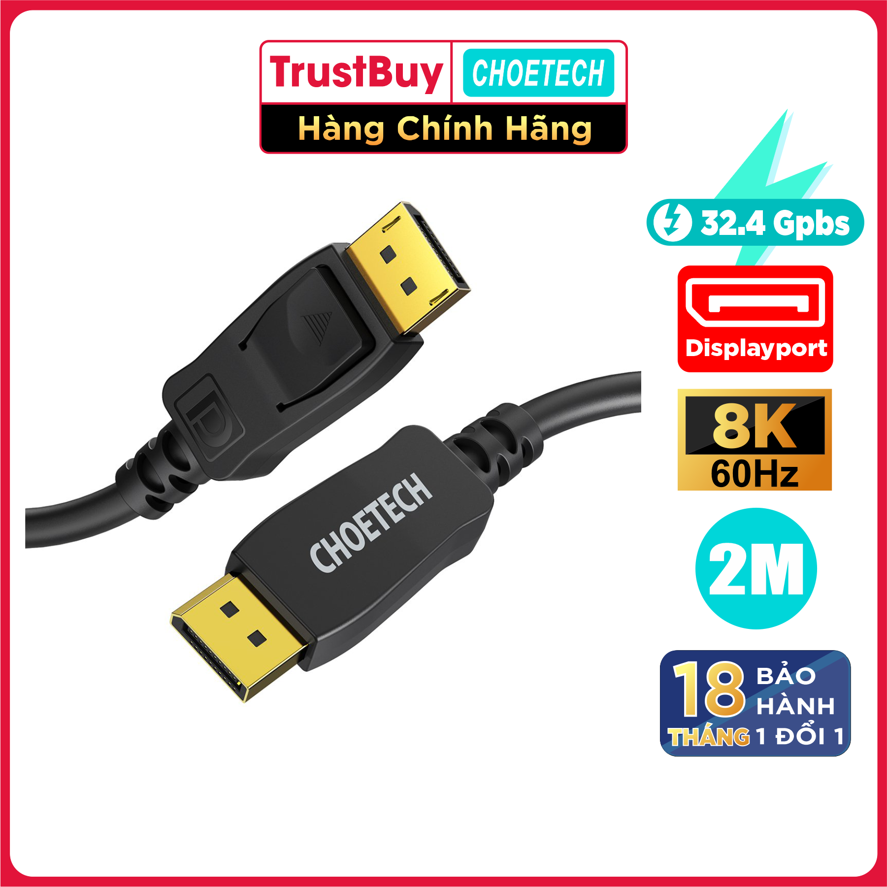 Dây Cáp DisplayPort 2 Đầu Đực Dài 2M 1.2 Phân Giải 8K 60hz Tốc Độ 32.4Gbps CHOETECH XDD01 - Hàng Chính Hãng