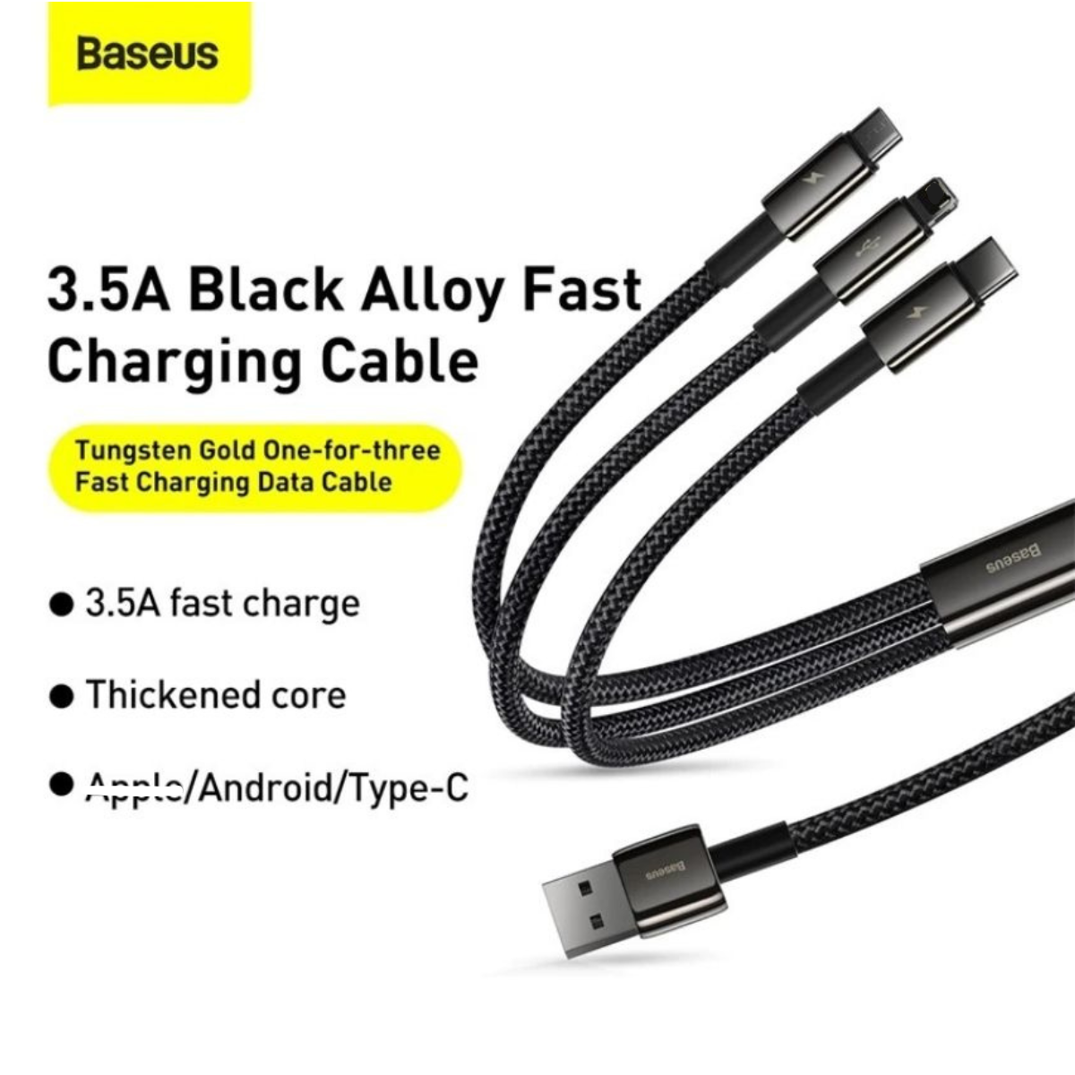 Cáp sạc 3 đầu siêu bền Baseus Tungsten Gold Series 3 in 1 (USB to Type C/ Light-ning/ Micro USB, 3.5A Fast Charging &amp; Data Cable)- Hàng chính hãng