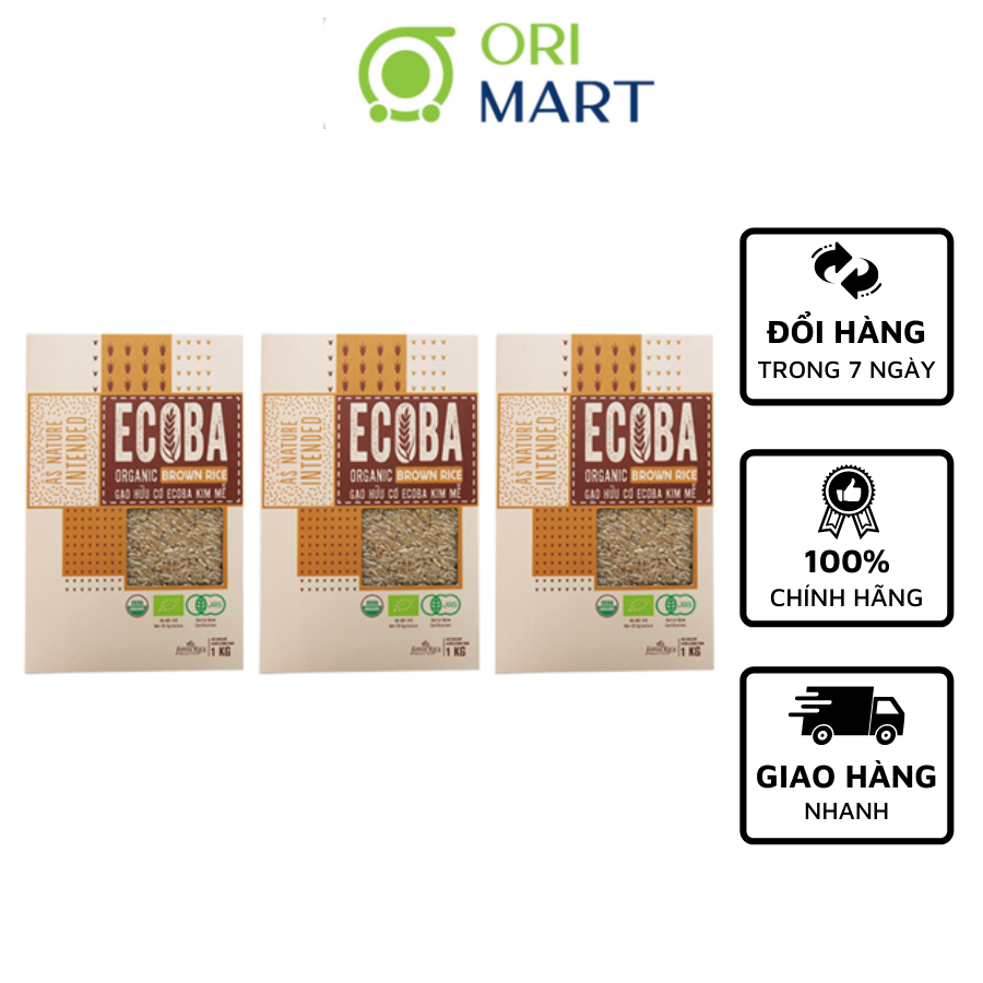 Combo 3 Gạo Lứt Trắng Hữu Cơ ECOBA Kim Mễ Ecoba Organic Brown Rice Thơm Ngon Mềm Dẻo Tốt Cho Sức Khoẻ Túi 1Kg ORIMART