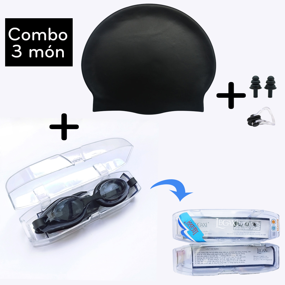 [COMBO 5] Combo kính bơi cận 0-8 độ, mũ bơi, chai xịt chống bám hơi nước, nút bịt tai, kẹp mũi đi bơi, đi biển Legaxi