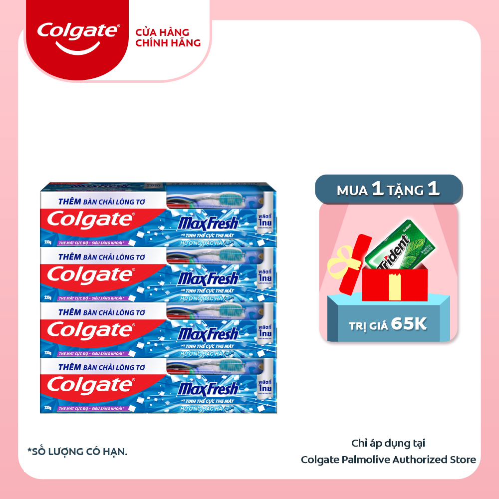 Bộ 4 Kem đánh răng Colgate bạc hà the mát Maxfresh 230g/tuýp tặng bàn chải đánh răng lông mềm + tặng 1 Lốc Trident