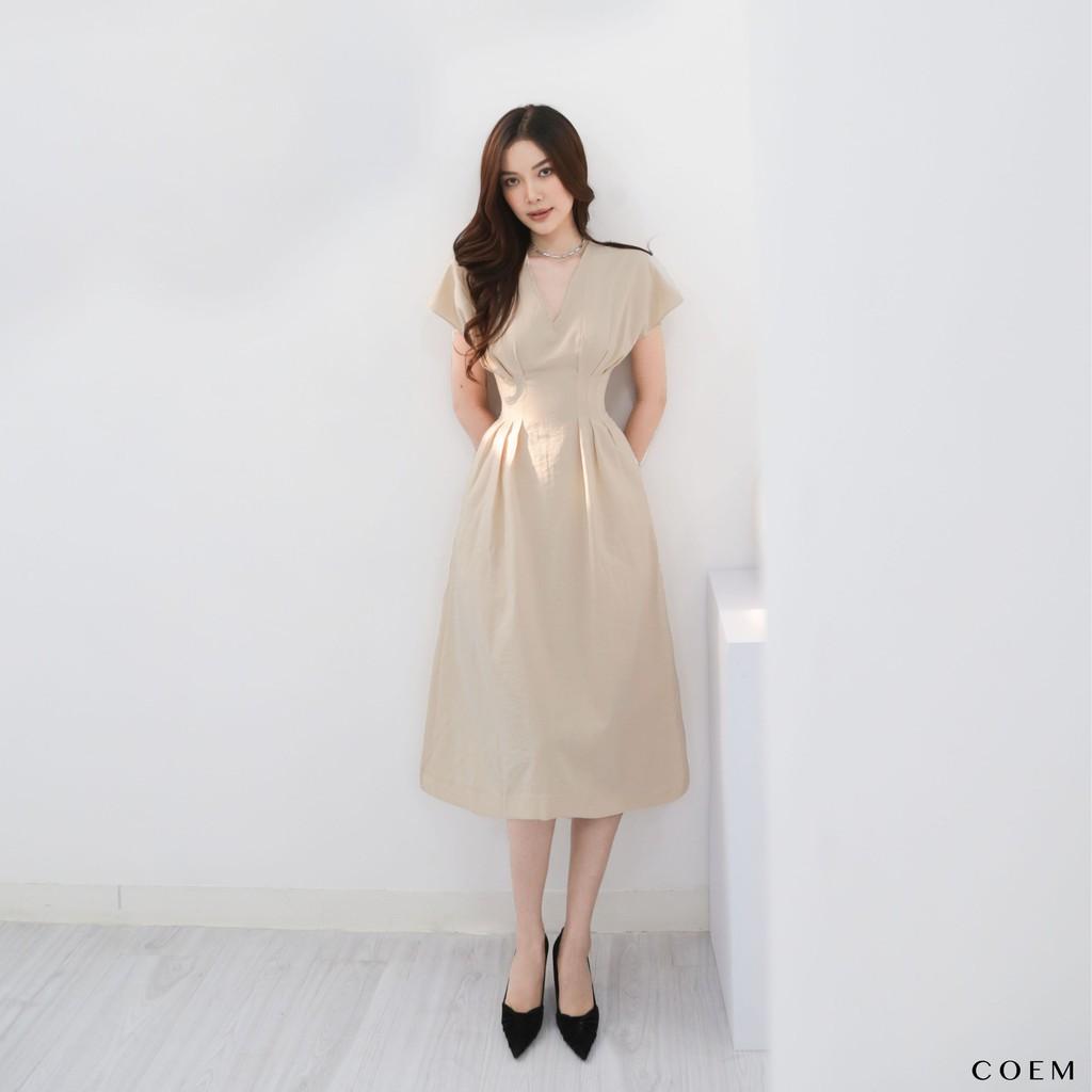 Đầm Midi Cổ Xẻ Chiết Eo Chất Liệu Linen Premium Màu Nude CO EM Thiết Kế Thanh Lịch Nữ Tính Phù Hợp Công Sở Đi Tiệc